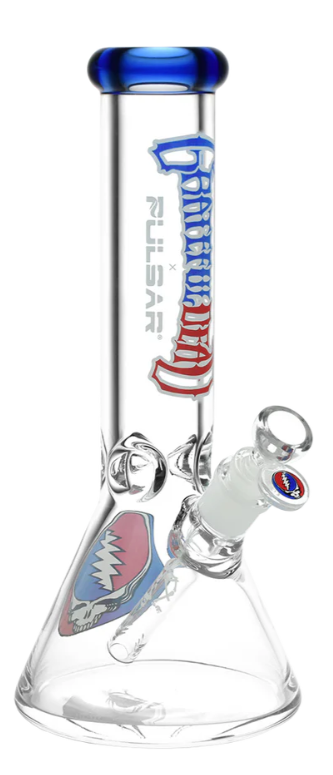 Grateful Dead x Pulsar Steal Your Face Beaker Bong - 11.75-inch borosilicate glass bong with 7mm thick tubing, 3 pinch ice catcher, and iconic Stealie skull decal. Includes etched slitted diffuser downstem.