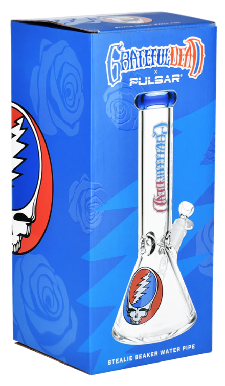 Grateful Dead x Pulsar Steal Your Face Beaker Bong - Premium 7mm thick borosilicate glass with 45-degree joint, 14mm male herb slide, and iconic Stealie and Grateful Dead logos.


