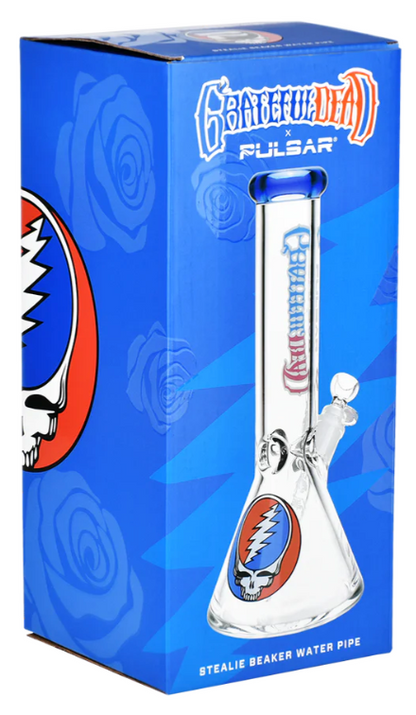 Grateful Dead x Pulsar Steal Your Face Beaker Bong - Premium 7mm thick borosilicate glass with 45-degree joint, 14mm male herb slide, and iconic Stealie and Grateful Dead logos.

