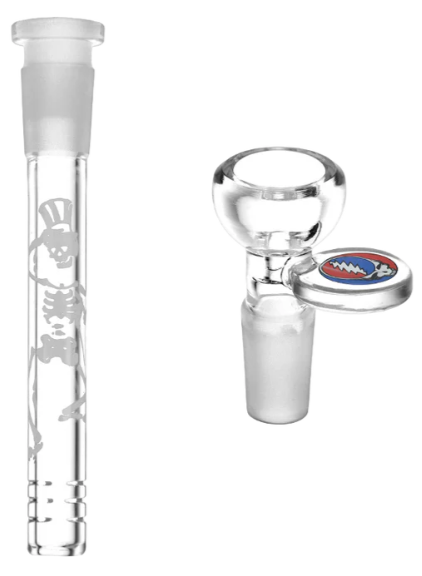 Grateful Dead x Pulsar Steal Your Face Beaker Bong – 11.75-inch glass bong with 3 pinch ice catcher, blue mouthpiece accent, and slitted diffuser downstem for optimal filtration.

