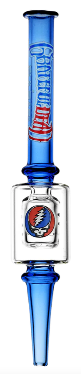 Grateful Dead x Pulsar Steal Your Face Dab Straw – 6.5-inch borosilicate glass dab straw with Stealie design, slitted diffuser, and integrated dab tip for smooth concentrate hits. Features Grateful Dead collaboration branding.

