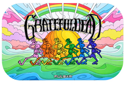 Grateful Dead x Pulsar Metal Rolling Tray & Lid – 11x7 inch rolling tray with 'Under The Rainbow' artwork, colorful skeleton design, and magnetic lid for safekeeping, perfect for organizing smoking accessories.