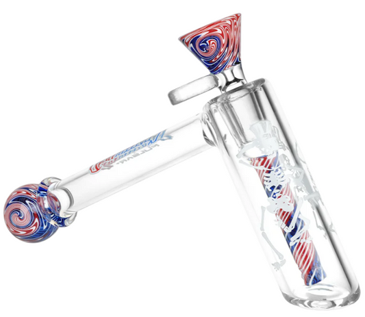 Grateful Dead x Pulsar Wig Wag Hammer Bubbler – 4-inch borosilicate glass bubbler with red, white, and blue wig wag pattern. Features a dancing skeleton and Stealie logo with perforated downstem for smooth water filtration.

