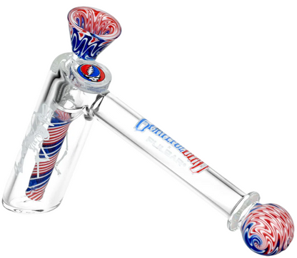 Grateful Dead x Pulsar Wig Wag Hammer Bubbler – Compact 4-inch glass pipe with 14mm male herb slide. Features Grateful Dead themed accents including dancing skeleton and Stealie logo, perfect for daily use or celebrations.