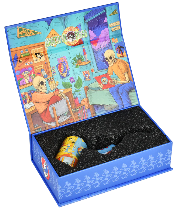 Grateful Dead x Pulsar 4-inch Deadhead Dorm Sherlock Pipe, featuring a bent stem and vibrant inside print design of Deadhead skeletons in a dorm room.