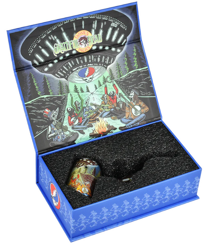 Grateful Dead x Pulsar 4-inch Inside Print Sherlock Pipe, featuring the iconic UFO Jam design and sturdy borosilicate glass for an ideal smoking tool.