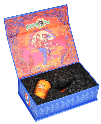 Grateful Dead x Pulsar 4-inch Sunset Dance Sherlock Pipe, with a vibrant design encased within borosilicate glass for scratch resistance and bright colors.