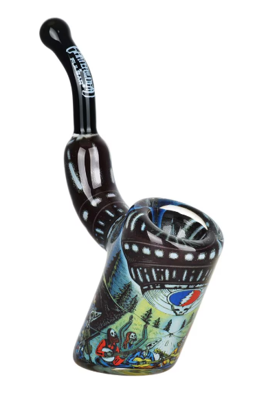 Grateful Dead x Pulsar Inside Print Bent Sherlock Pipe, featuring a UFO Jam design and durable borosilicate glass for a unique smoking experience