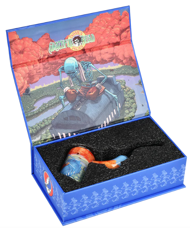 Grateful Dead x Pulsar Boxer Sherlock Pipe, featuring a detailed sketch of a skeleton boxer and stormy scenery, made from durable borosilicate glass.