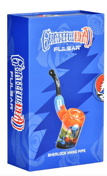 Grateful Dead x Pulsar Boxer Pipe, with a skeleton in boxing garb and dynamic storm clouds, made from borosilicate glass with inside print design.

