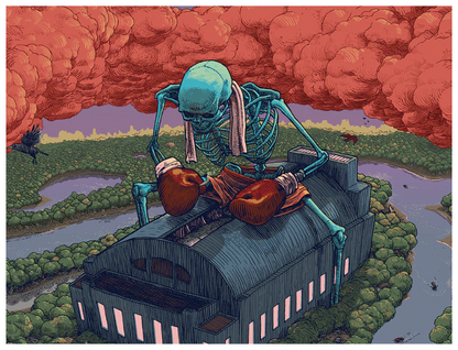 Grateful Dead x Pulsar Boxer Sherlock Pipe, with a bent stem, showcasing vibrant artwork of a skeleton boxer amidst a brewing storm.