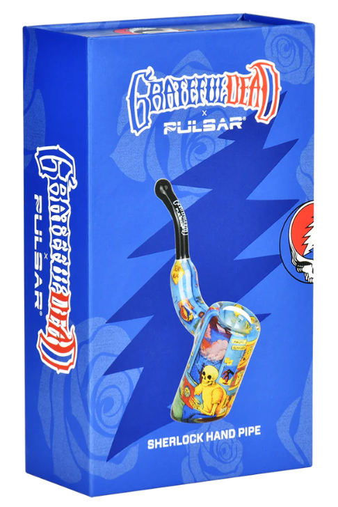 Grateful Dead x Pulsar Deadhead Dorm Sherlock Pipe with bent stem, made from durable borosilicate glass and showcasing a detailed Deadhead design.