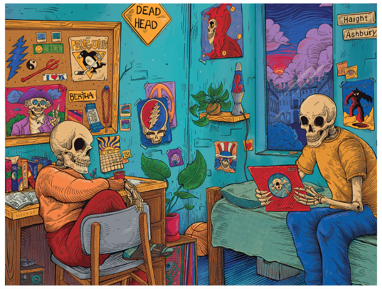 Grateful Dead x Pulsar Deadhead Dorm Sherlock Pipe, designed with a detailed sketch of Deadhead skeletons and Grateful Dead easter eggs, made from borosilicate glass.