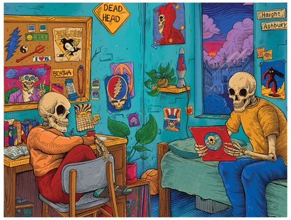 Grateful Dead x Pulsar Deadhead Dorm Sherlock Pipe, designed with a detailed sketch of Deadhead skeletons and Grateful Dead easter eggs, made from borosilicate glass.