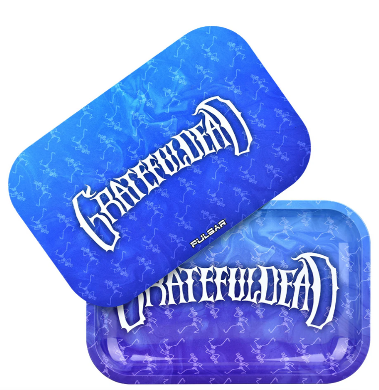 Grateful Dead x Pulsar Metal Rolling Tray & Lid – Dancing Skellies design with blue ombré background and iconic skeletons, 11x7 inch tray with matching magnetic lid.