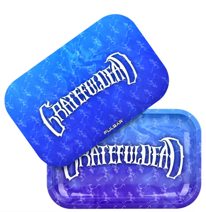 Grateful Dead x Pulsar Metal Rolling Tray & Lid – Dancing Skellies design with blue ombré background and iconic skeletons, 11x7 inch tray with matching magnetic lid.