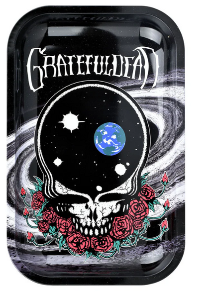 Grateful Dead x Pulsar Metal Rolling Tray & Lid – 'Space Your Face' with orbital view of Earth inside Stealie skull, black and white galaxy background, 11x7 inch tray with smooth rolled edges and matching magnetic lid.