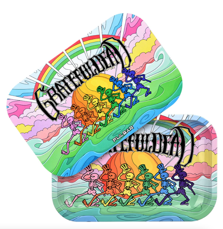 Grateful Dead x Pulsar Metal Rolling Tray & Lid – 'Under The Rainbow' design with colorful skeletons in a fantasy landscape, 11x7 inch tray with raised sides and matching magnetic lid for storage