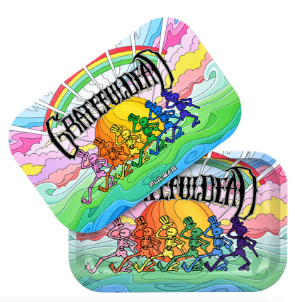 Grateful Dead x Pulsar Metal Rolling Tray & Lid – 'Under The Rainbow' design with colorful skeletons in a fantasy landscape, 11x7 inch tray with raised sides and matching magnetic lid for storage