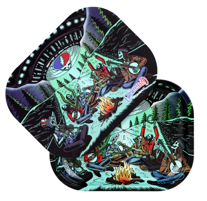Grateful Dead x Pulsar Mini Metal Rolling Tray & Lid – UFO Jam design with skeletons gathered around a campfire, 7x5 inch tray with raised sides, rolled edges, and magnetic lid for safekeeping.