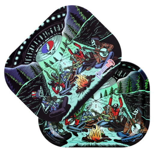 Grateful Dead x Pulsar Mini Metal Rolling Tray & Lid – UFO Jam design with skeletons gathered around a campfire, 7x5 inch tray with raised sides, rolled edges, and magnetic lid for safekeeping.