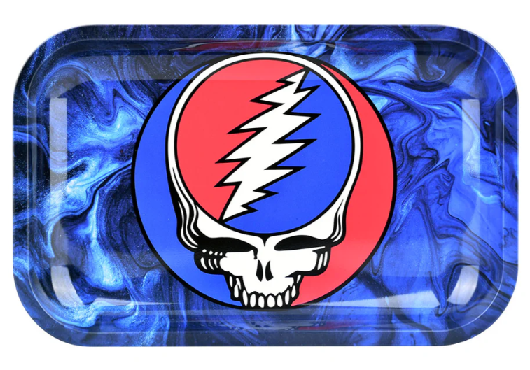 Grateful Dead x Pulsar Metal Rolling Tray & Lid – 'Steal Your Face' psychedelic artwork featuring vibrant red, blue, and white color scheme, 11x7 inch tray with raised sides and matching magnetic lid.