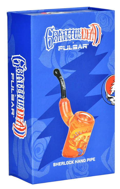 Grateful Dead x Pulsar Sunset Dance Bent Sherlock Pipe, featuring detailed floral elements and vibrant skeleton artwork, designed for smooth, relaxed puffs.