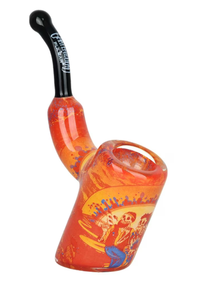 Grateful Dead x Pulsar Inside Print Bent Sherlock Pipe, featuring the Sunset Dance design with vibrant skeletons dancing along the river, crafted from borosilicate glass.