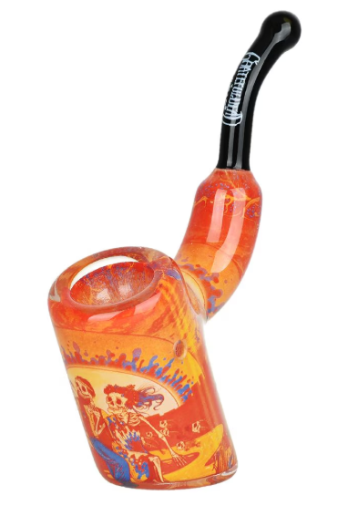  Grateful Dead x Pulsar Sunset Dance Pipe, featuring an inside print design with skeletons dancing to the backdrop of New York, crafted from borosilicate glass.