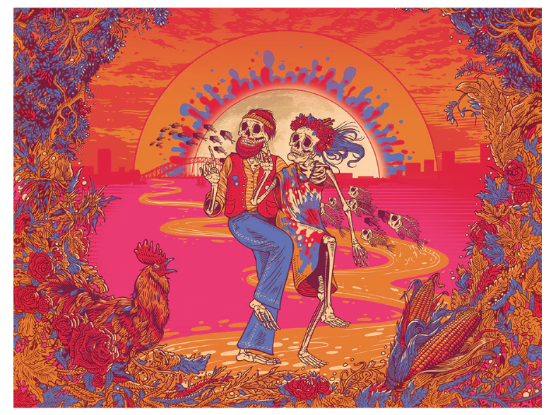 Grateful Dead x Pulsar Sunset Dance Sherlock Pipe, featuring a New York-inspired design with skeletons dancing and a red rooster, made from borosilicate glass.

