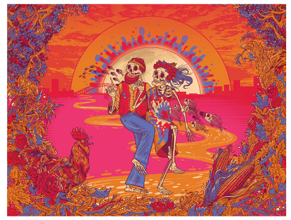 Grateful Dead x Pulsar Sunset Dance Sherlock Pipe, featuring a New York-inspired design with skeletons dancing and a red rooster, made from borosilicate glass.

