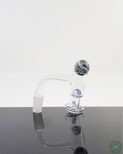 Artistic Harold Cooney Glass Slurper Set with detailed design, terp pearls, and marble for optimal quartz nail dabbing.