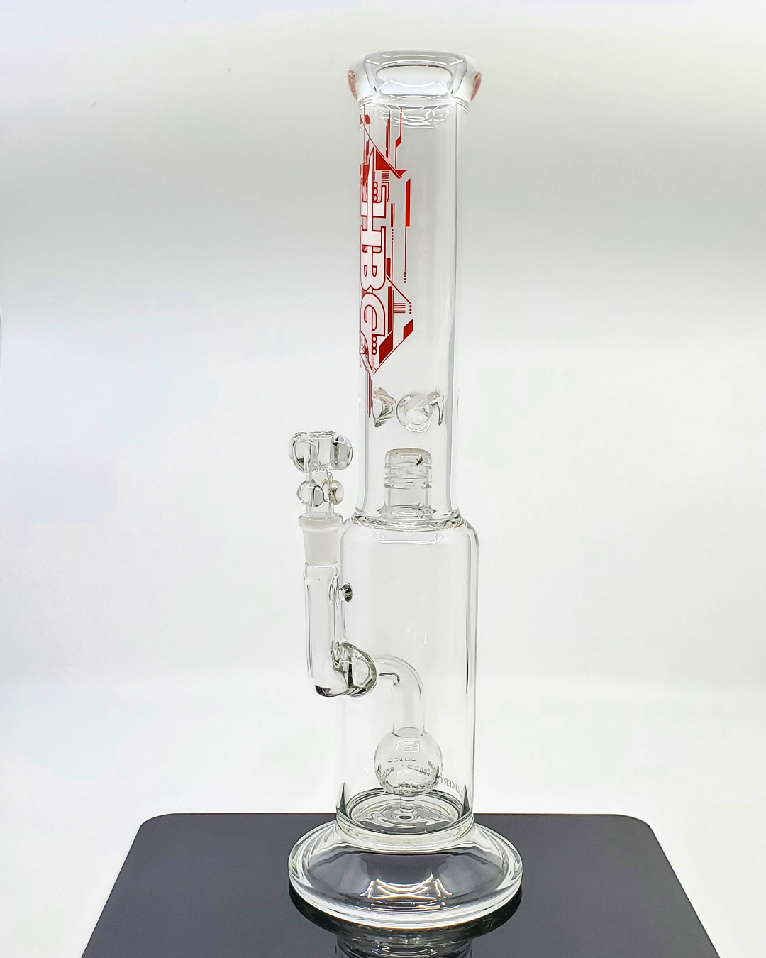  Side view of the HBG Glass 16" Clear Ball Perc Straight Tube, highlighting its simple design and high-quality build for easy maintenance and optimal performance.