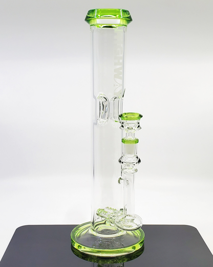 12-inch Highway Glass Twin Turbo Bong featuring a built-in ice catcher, double inline perc, and a 14MM slide for smoother smoke