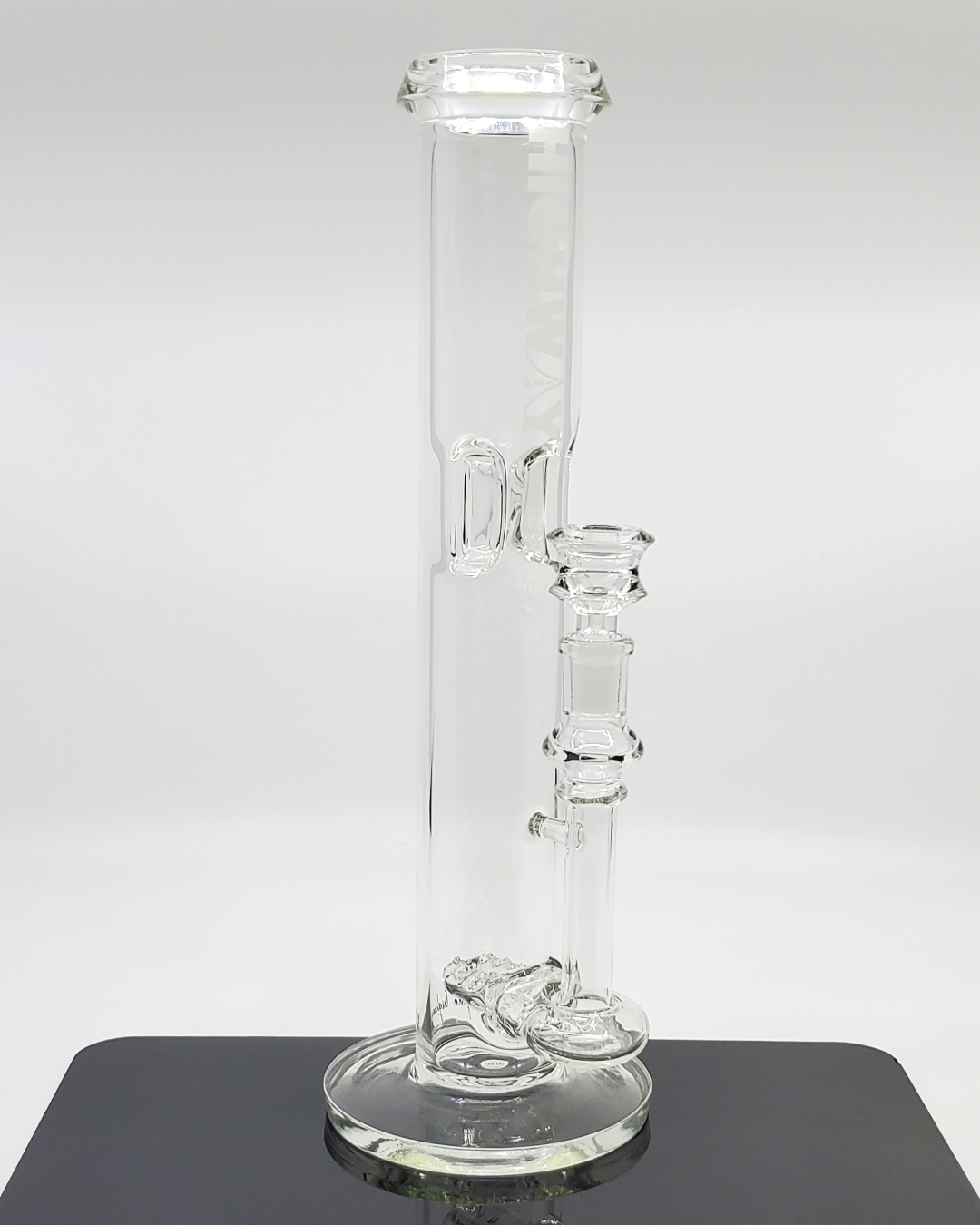 Highway Glass 12-inch Twin Turbo Straight Tube Bong, featuring a 14MM slide, ice catcher, and double inline perc for optimal performance