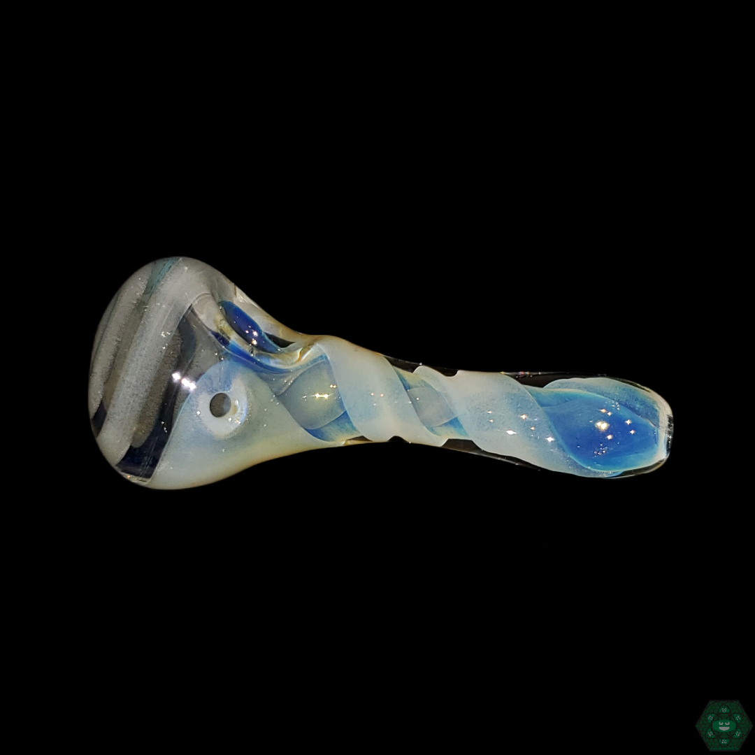Unique Hoffman Glass Fumed Spoons, color-changing glass pipes with detailed etching, perfect for a smooth, functional smoking experience