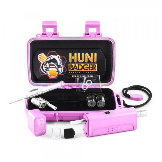 Huni Badger Vertical Vaporizer Kit, a complete portable dab kit including high-temp and low-temp tips, 510 adapter, storage containers, and a waterproof hard case for ultimate convenience.