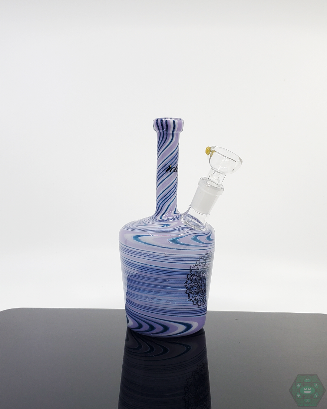 iDab Henny Bottle rig with pink and purple line work, featuring a 14mm joint and unique design, perfect for collectors