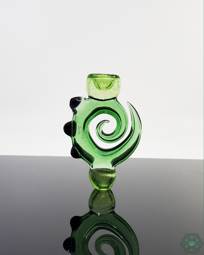 Jon E Walker Spiral Onie, a 3.5-inch handcrafted chillum featuring a unique Green dichroic twist design for compact and stylish smoking