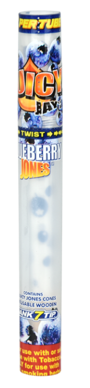 Juicy Jay's Pre-Rolled Cones 2pk – Smooth, easy burn cones made from rice/hemp blend, includes reusable wooden Dank 7 tip for enhanced flavor.