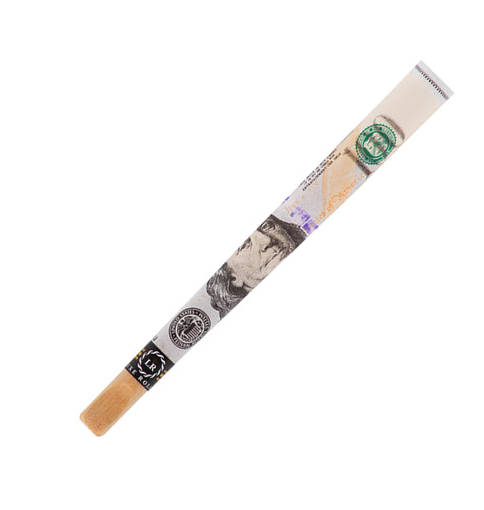Luxe Rolls Benjamin Pre-Roll Cone, crafted with vegan soy ink, custom wood mouthpiece, and a luxurious $100 US rolling paper experience.