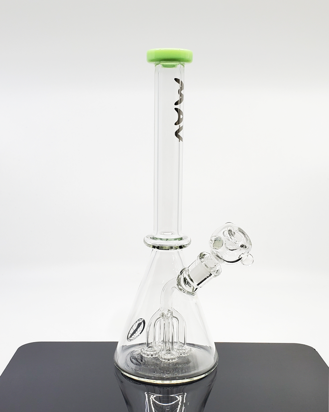 MAV Glass 11-inch Beaker Bong crafted from high-quality glass, designed with a quad UFO percolator and a 14mm female joint for enhanced performance.

