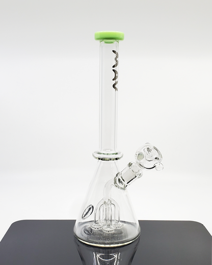 MAV Glass 11-inch Beaker Bong crafted from high-quality glass, designed with a quad UFO percolator and a 14mm female joint for enhanced performance.

