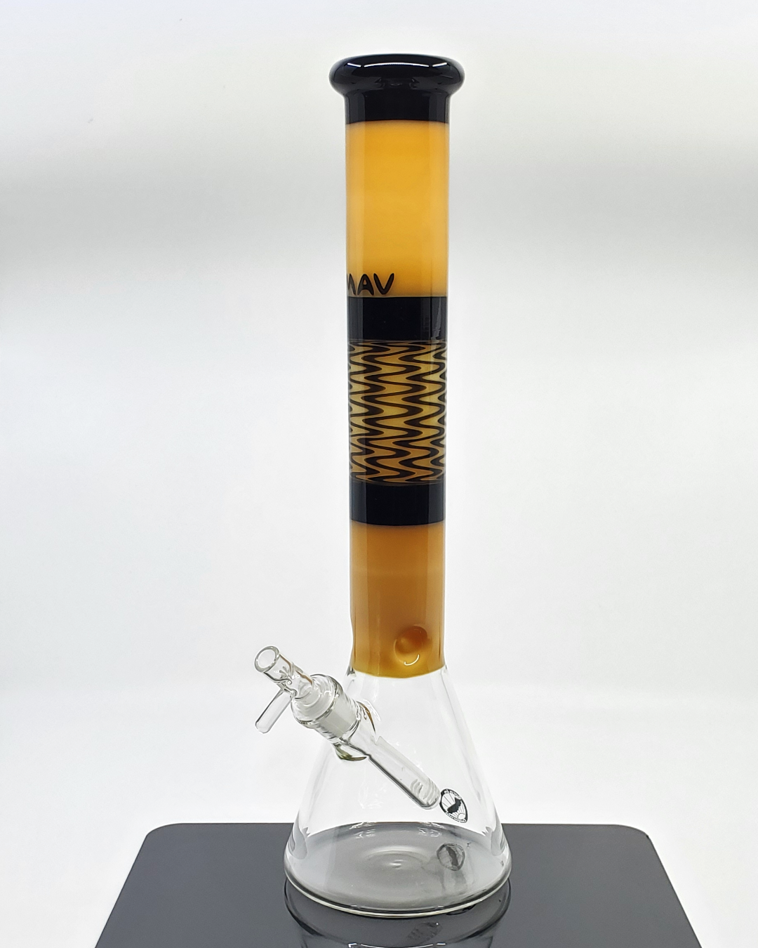 Side view of the MAV Glass Reversal Beaker, showcasing its 16-inch height, distinctive reversal design, and durable craftsmanship for a stylish and functional addition to any setup.