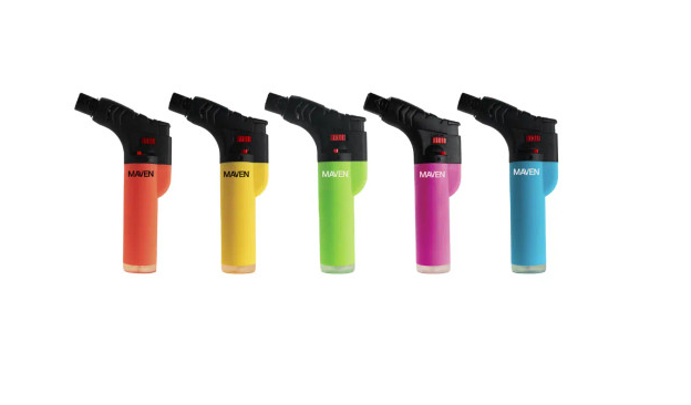 Maven Slim Neon Pocket Lighter in vibrant neon colors (Green, Blue, Pink, Orange, Yellow), compact, portable, and durable for everyday use.