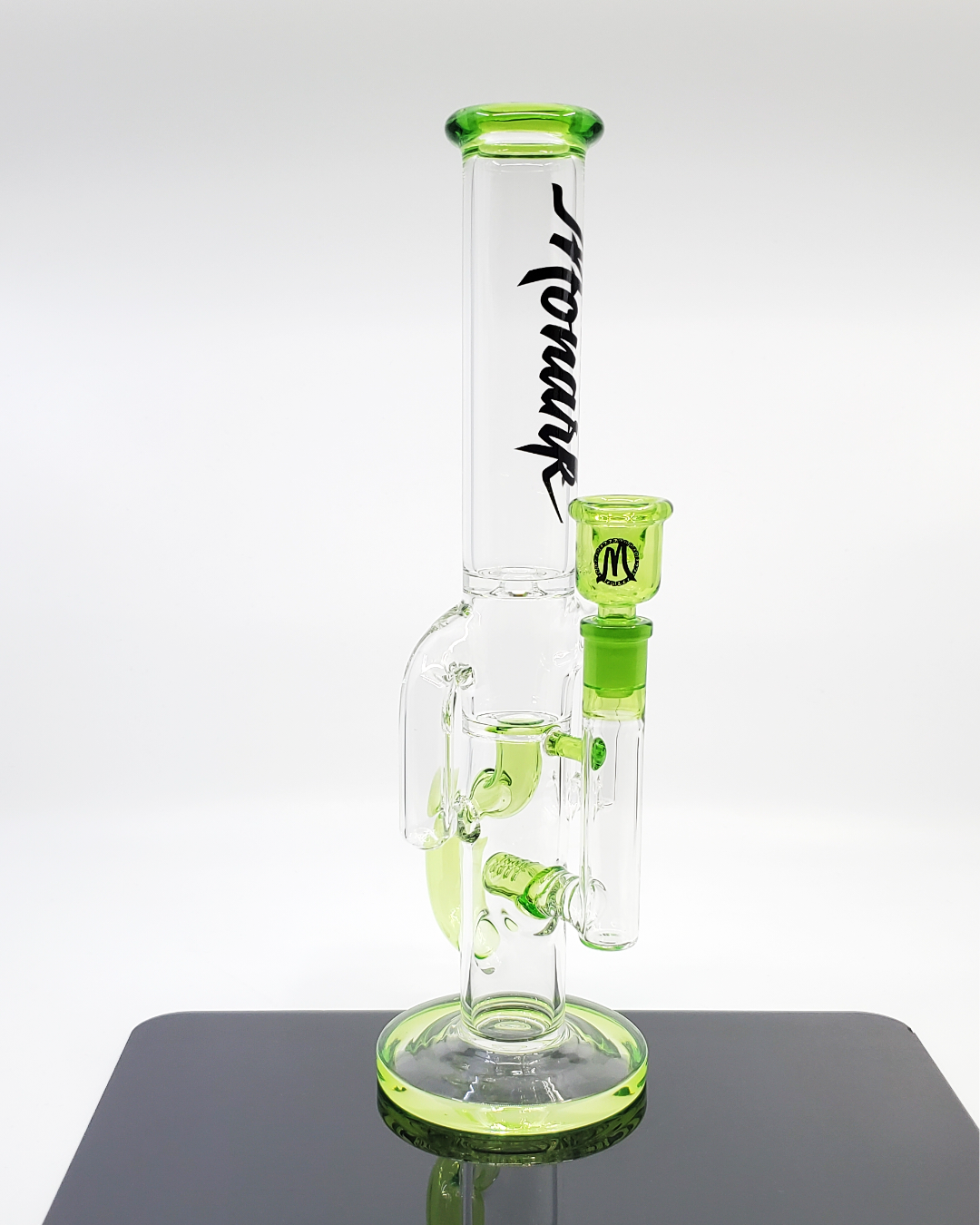 Monark Glass 13" Color Accents Recycler (38mm) featuring vibrant color accents and optimized filtration for smoother hits and a visually appealing smoking experience.