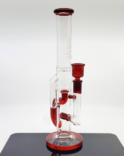 Side view of the Monark Glass 13" Color Accents Recycler (38mm), showcasing its durable design and vibrant color accents for a stylish and functional smoking piece.