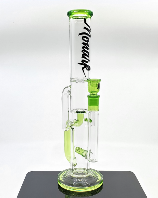 Monark Glass 50mm Slime Stemline Recycler, made from premium borosilicate glass with a vibrant slime color design, offering smooth hits and enhanced filtration for concentrates and dry herbs.