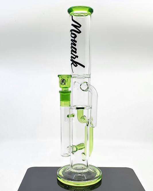 Side view of the Monark Glass 50mm Slime Stemline Recycler, showcasing its 50mm diameter, advanced recycling system, and stunning slime color design for improved airflow and flavor preservation.
