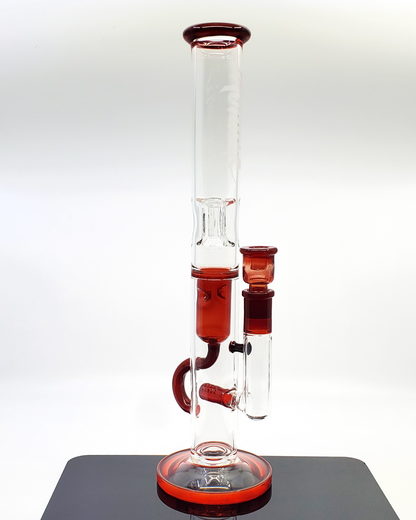 Monark Glass 50mm Stemline Recycler in vibrant red, featuring a stemline percolator for efficient filtration and smoother, cooler hits.

